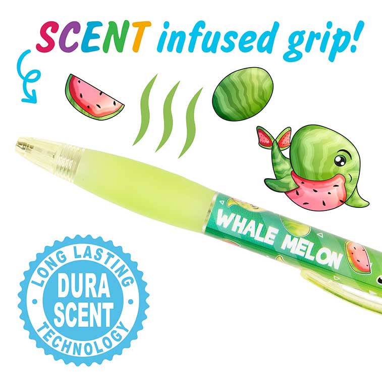 Close up of green whale melon Fruit Zoo Mechanical Smencil Out of Packaging, focused on the scented infused grip