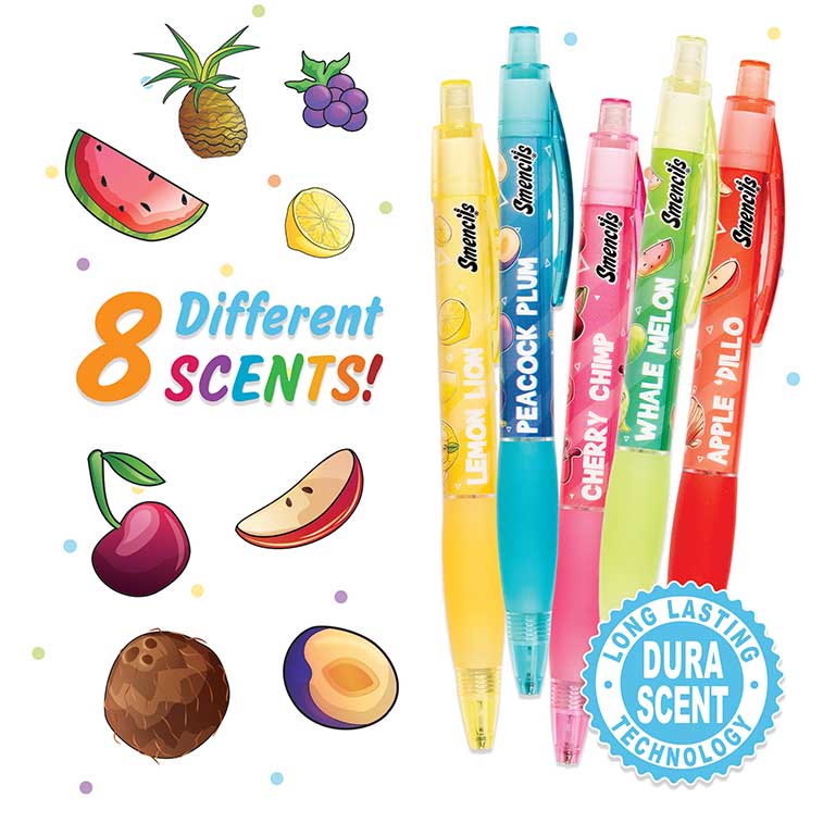 Lemon lion, peacok plum, cherrt chimp, whale melon, and apple dillo surrounded by illustrations of the eight different scents
