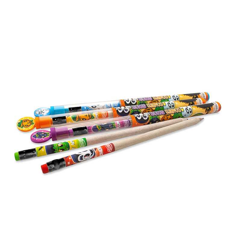 Pumpkin, Blueberry, and Grape Scented Halloween Pencils in the tubes and Cherry and Candy Apple out of tubes