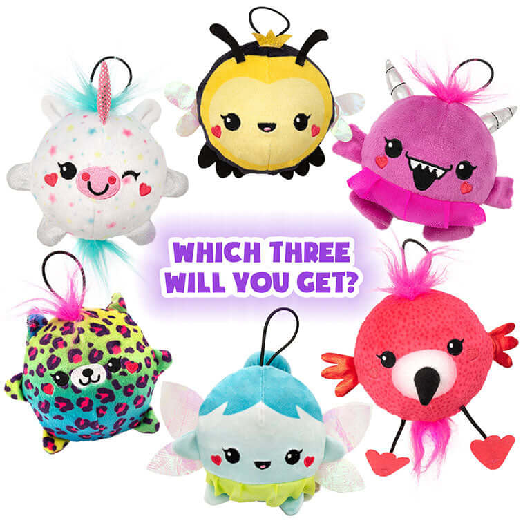 Plush Crush Series 3 Blue and Green Pixie, Hot Pink Flamingo, Yellow and Black Bee, White Unicorn, Green and Blue Leopard, and Pink Mosnter Plush