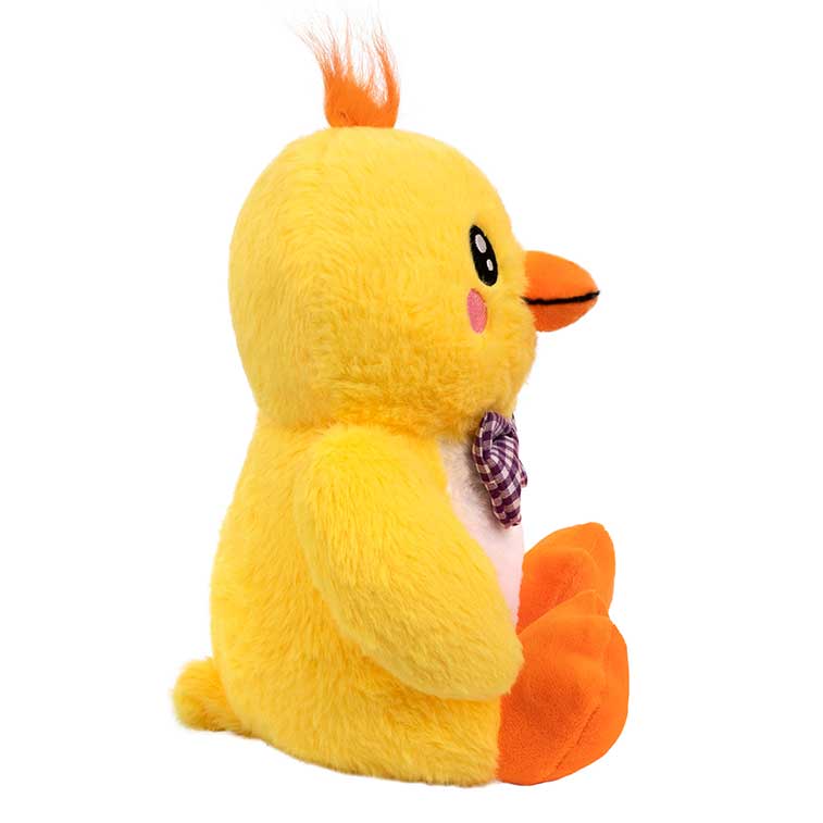 Side View of Yellow Smanimals Spring Chick plush out of the spring designed display box