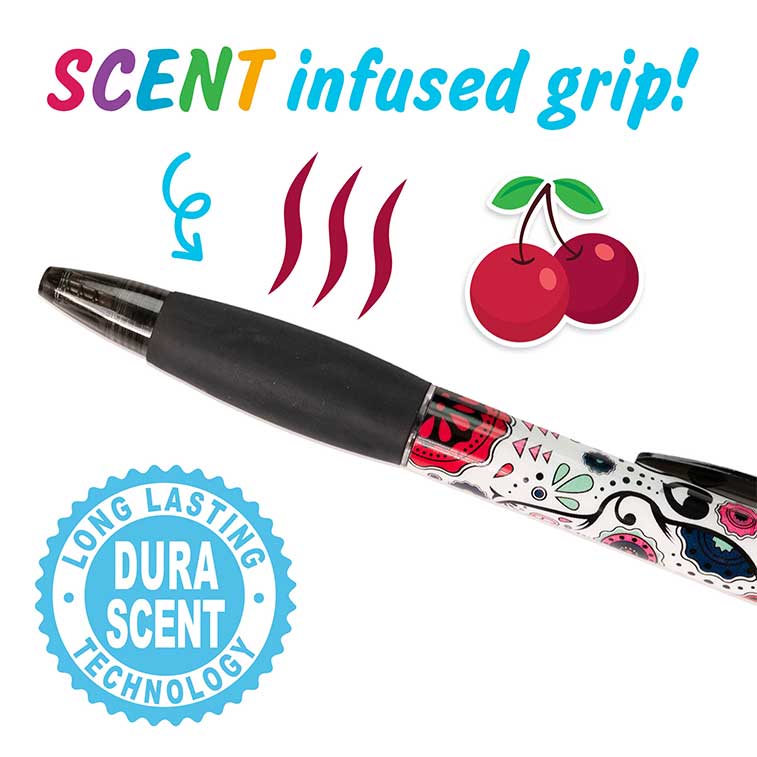 close up of cherry scented sugar skull smen showing the scent inused grip with long lasting dura scent technology