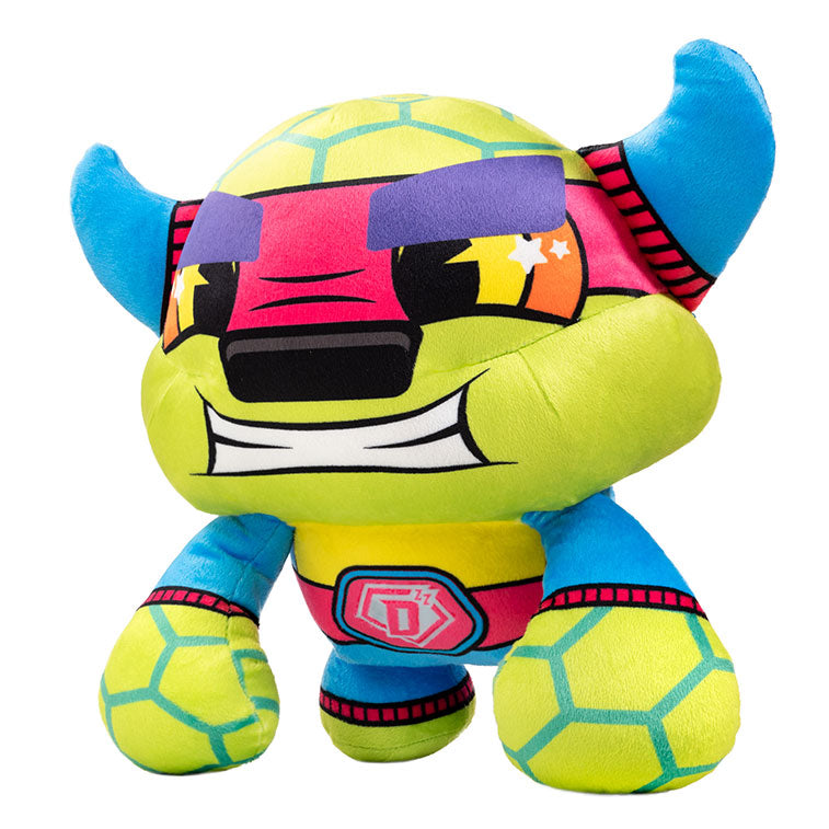 Bedtime Defenderz Green and Blue plush named Bruno in a three quarter view