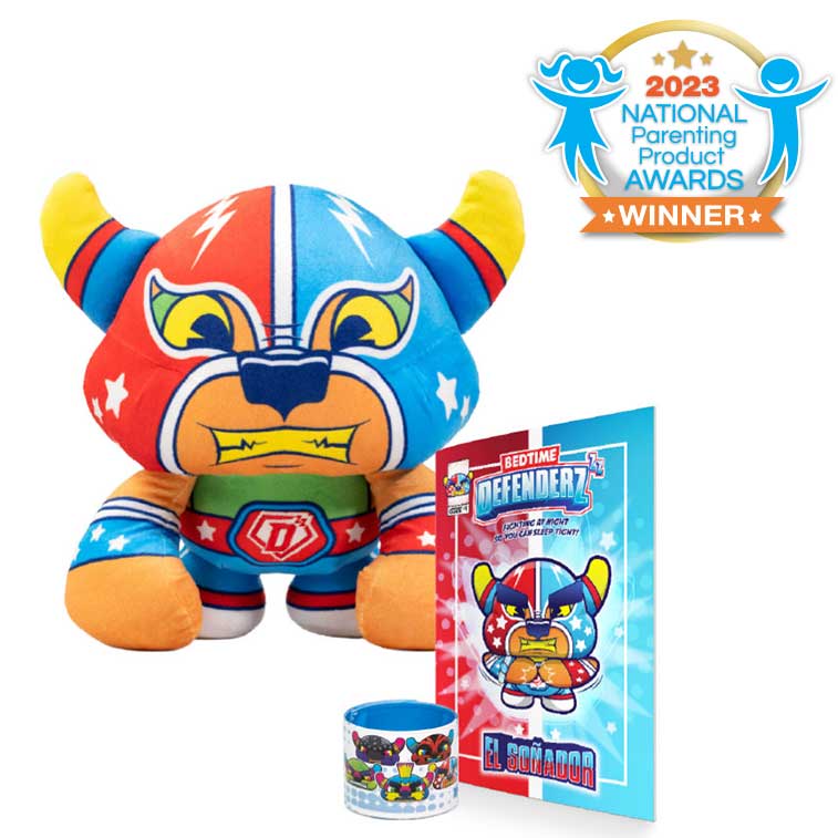 Bedtime Defenderz Red,Blue and Orange plush named El Sonador with comic book and slap bracelet with 2023 national parenting product awards badge