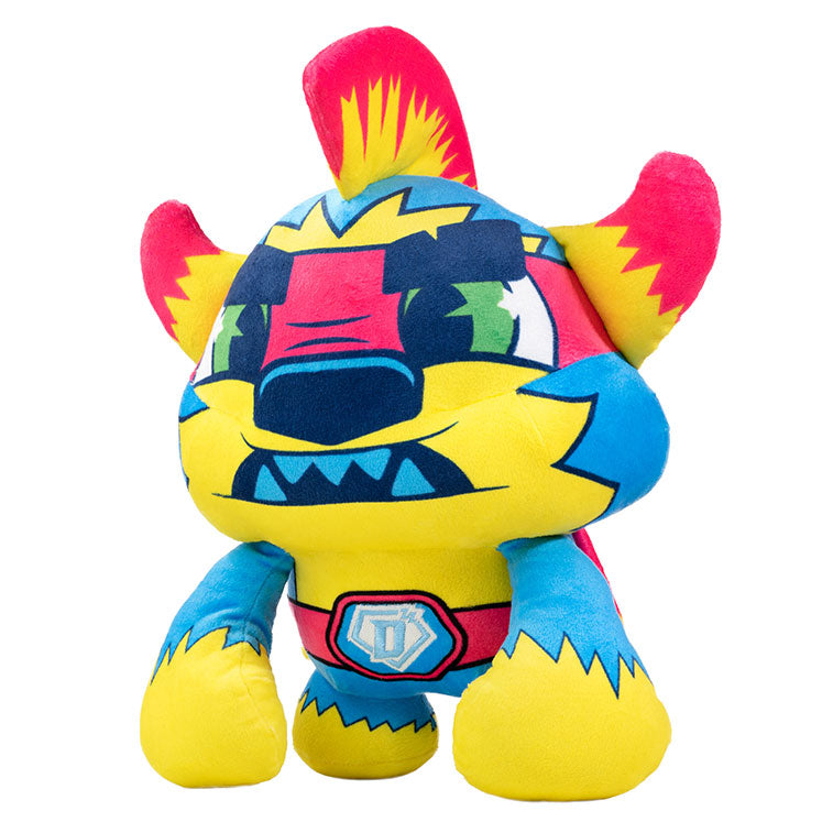 Bedtime Defenderz Blue, Yellow, and Pink plush named Magnus in a three quarter view