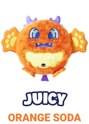 Juicy, loves hanging out at the skate park, darting around on his tiny board with a trail of fizzy orange bubbles behind him. Every time he lands a trick, he lets out a giggly toot that smells like his favorite sweet, carbonated soda pop!