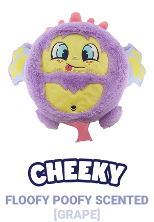 Cheeky, the flarting monster roams the forest, leaving a trail of giggles and wrinkled noses in his wake. He is beloved by all and has the ability to clear any room in an instant with his floofy poofy’s.