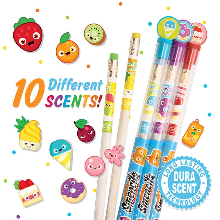 Strawberry Cheesecake, Jelly Donut, Blue Slushie, Jolly Watermelon and Pineapple Swirl in tube surrounded by illustrations of the ten different scents