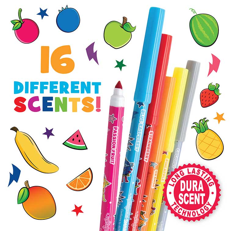 strawberry, blueberry, cherry, pineapple, and coconut scented Washable Smarkers surrounded by illustrations of the sixteen different scents
