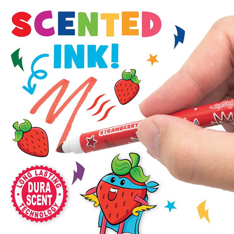 Close up of red strawberry Washable Smarkers Out of Packaging, focused on the scented ink