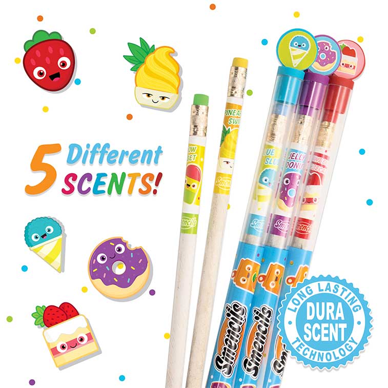 Strawberry Cheesecake, Jelly Donut, Blue Slushie, Jolly Watermelon and Pineapple Swirl in tube surrounded by illustrations of the five different scents