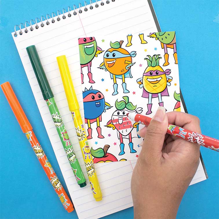 orange, watermelon, blueberry, tangerine, and more super fruit coloring sheet being colored in with washable markers