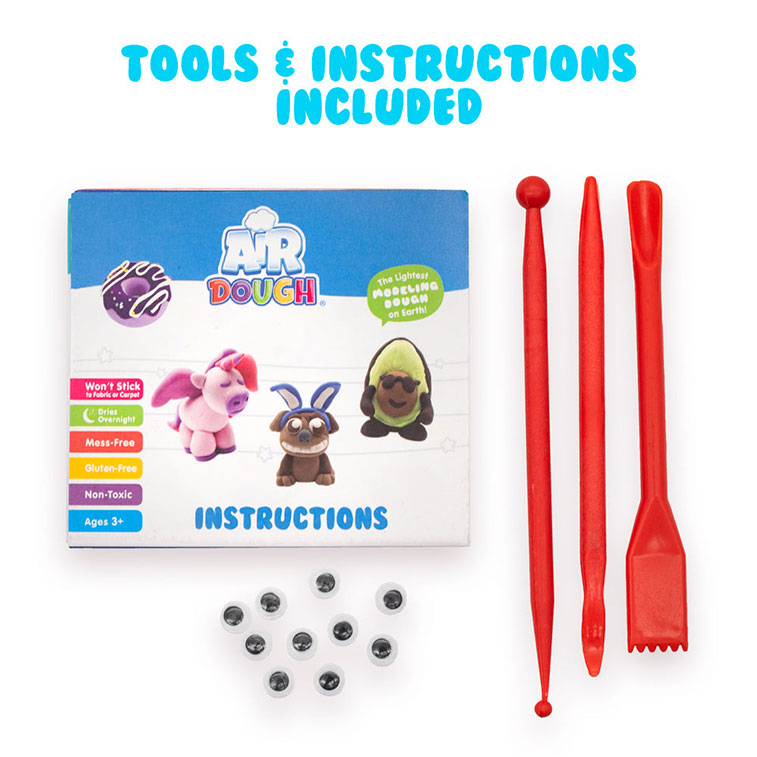 Googly Eyes, Instruction, and Tools that come with the white Air Dough Bucket