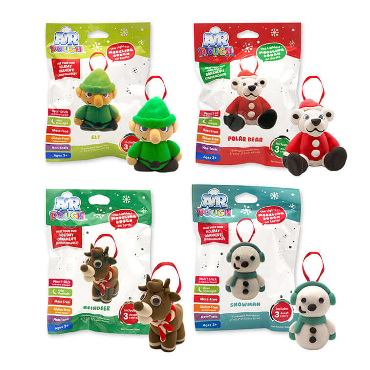 Pack of 4 Holiday Air Dough Ornaments. Top left is the elf, Top right is the polar bear, Bottom Left is the reindeer and Bottom Right is the snowman