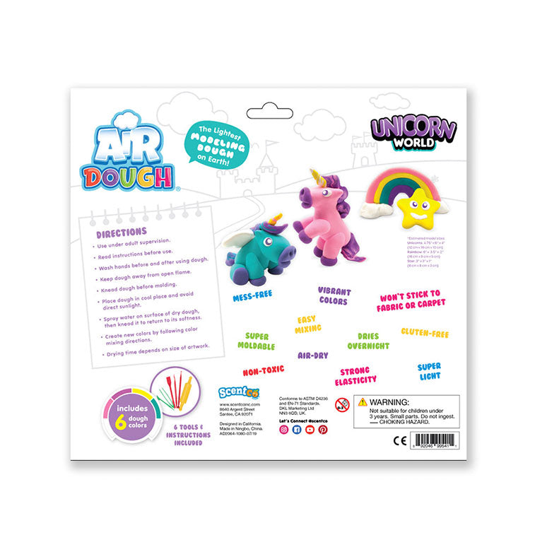 The back of the Air Dough Unicorn  World Packaging with written directions