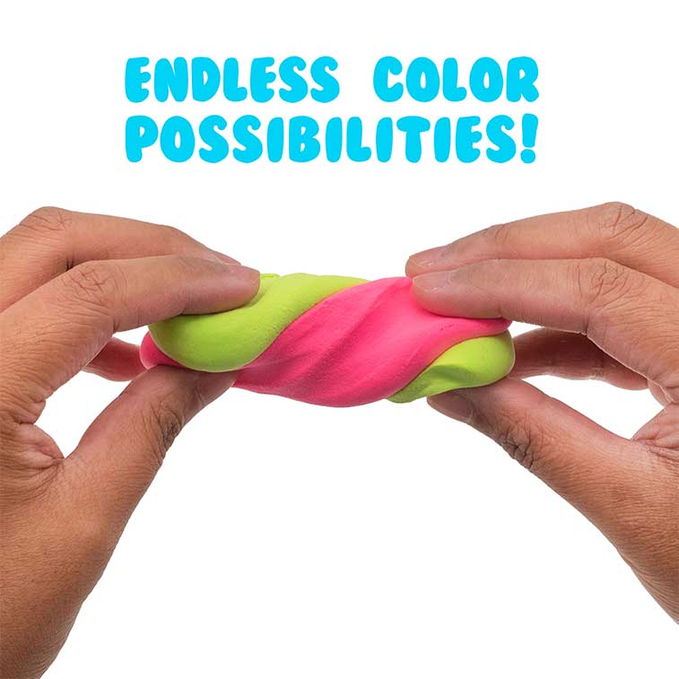 Two Air Dough colors one pink and one green being twisted and mixed together