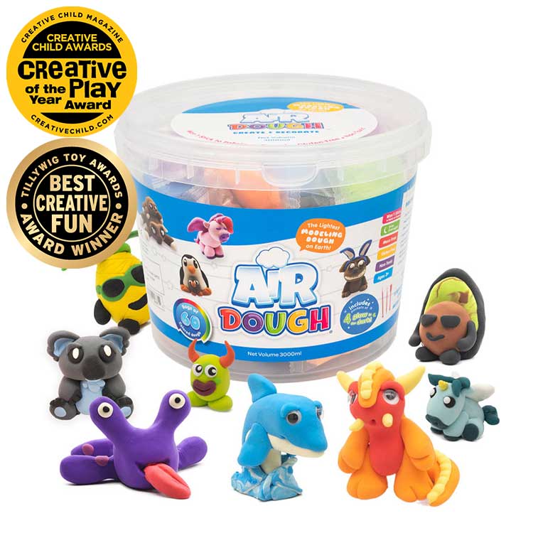 Air Dough Bucket surrounded with characters made with Air Dough the lightest most amazing dough on Earth!