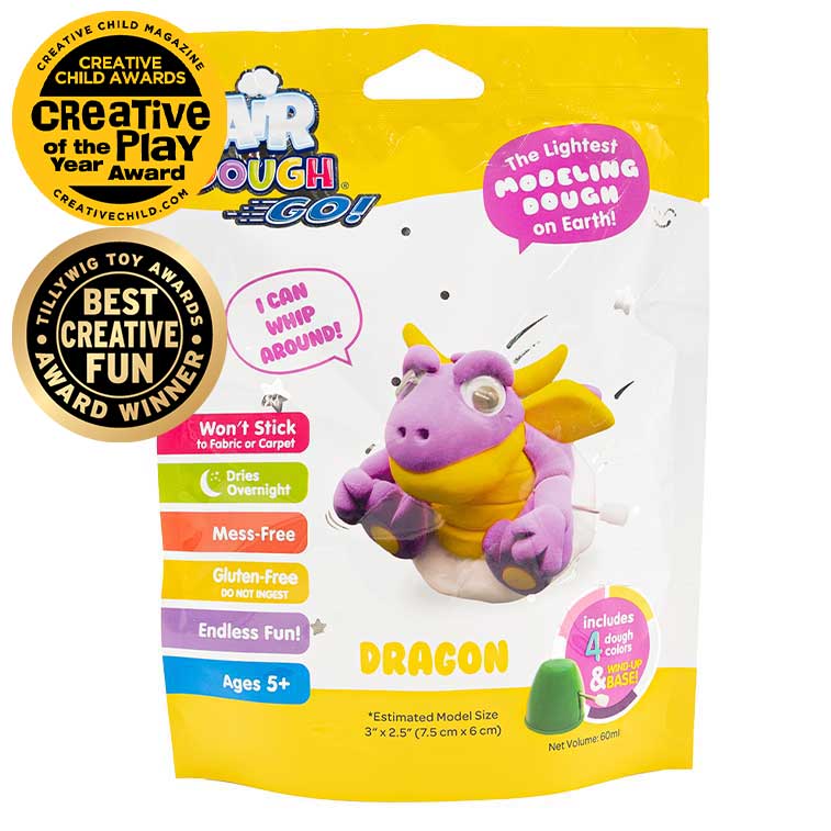 Yellow and white Air Dough Go foil bag, purple Dragon built with air dough the lightest, most amazing dough on earth