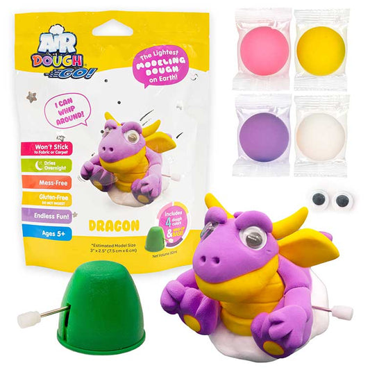 Yellow and white Air Dough Go foil bag, purple Dragon built with air dough the lightest, most amazing dough on earth, pink, yellow, purple, and white packs of air dough, 1 pair of googly eyes, and a  wind-up mechanism