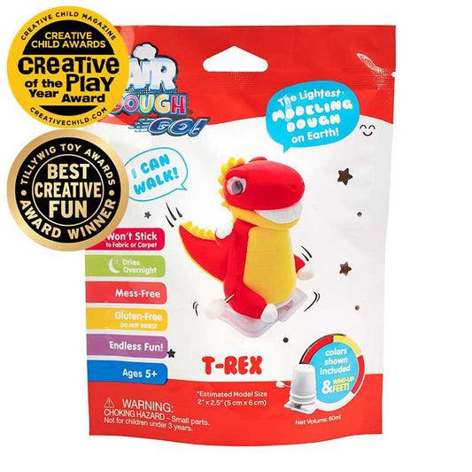 red and white Air Dough Go foil bag, red t-rex dinosaur built with air dough the lightest, most amazing dough on earth