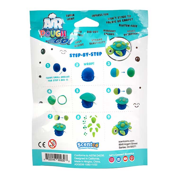 The back of the light blue and white air dough foil bag showing step by step instructions on how to build the green and light blue turtle