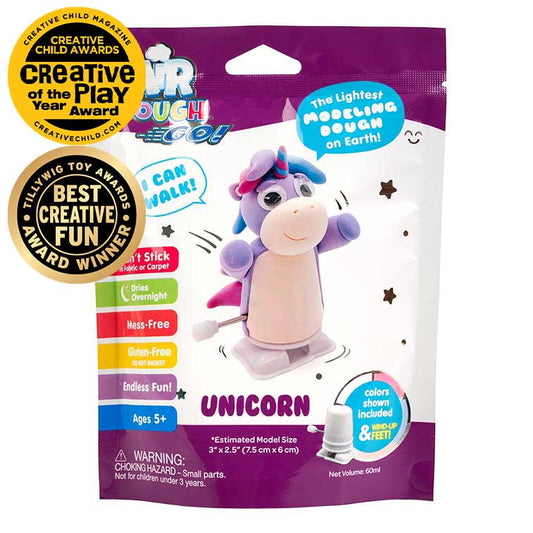 purple and white Air Dough Go foil bag, purple and pink unicorn built with air dough the lightest, most amazing dough on earth