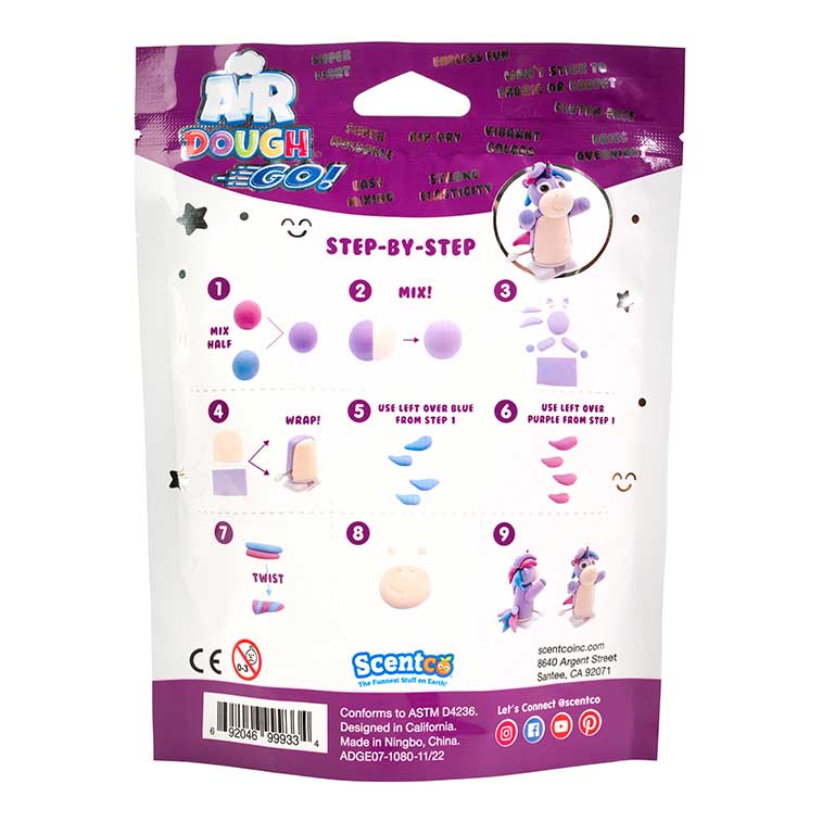 The back of the purple and white air dough foil bag showing step by step instructions on how to build the purple and pink unicorn