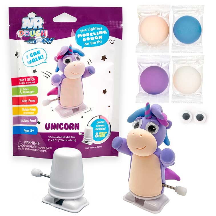 purple and white Air Dough Go foil bag, purple and pink unicorn built with air dough the lightest, most amazing dough on earth, purple ,pink, white and blue packs of air dough, 1 pair of googly eyes, and a  wind-up mechanism