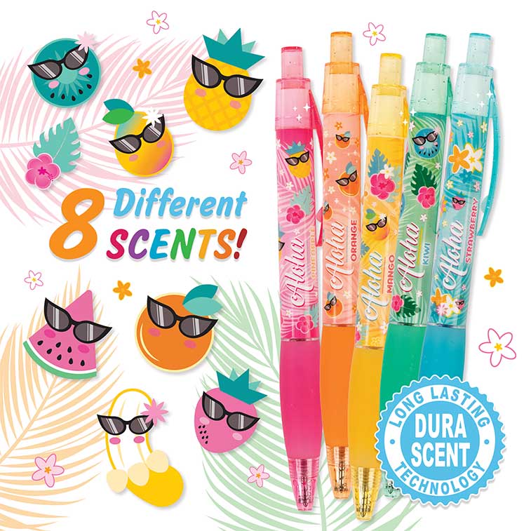 Pineapple,Strawberry, mango,kiwi, and Tangerine Aloha Unicorn Glitter Gel Smens surrounded by illustrations of the eight different scents
