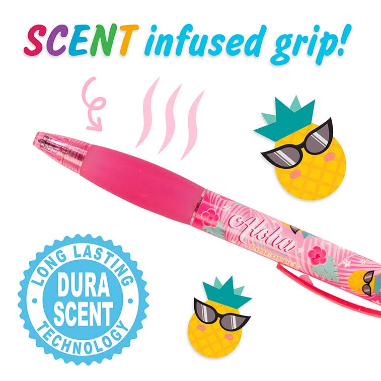 close up of pineapple scented Aloha Unicorn Glitter Gel Smen showing the scent inused grip with long lasting dura scent technology