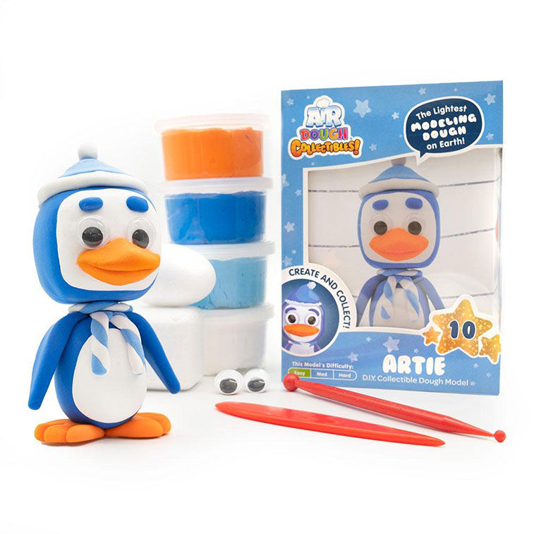 Air Dough Collectibles Character blue, white, and orange Artie the Penguin made with Air Dough the lightest most amazing dough on Earth! with Tillywig Toy Award badge for Best Creative Fun