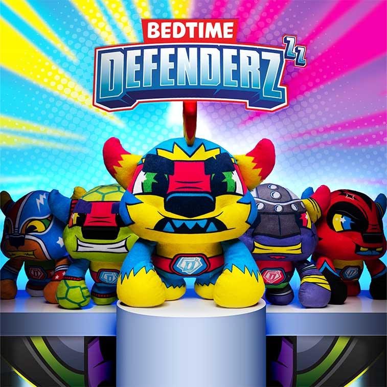 Bedtime Defenderz Plush Group with Magnus in the center and then Bruno and Lex behind him and then El Sonador and Zigy behind them with the Bedtime Defenderz Logo above them and a colorfull blue,yellow,purple,and pink background