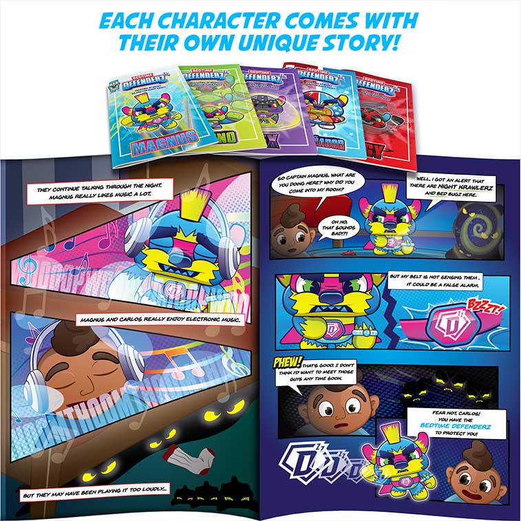 Bedtime Defenderz plush characters Magnus, Bruno, Lex, El Sonador, and Zigy comic books spread out with one comic book spread is open
