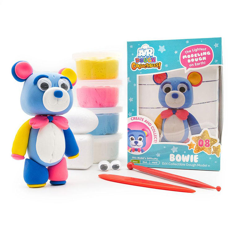 Air Dough Collectibles Character blue, yellow, and pink Bowie the Bear made with Air Dough the lightest most amazing dough on Earth! with Tillywig Toy Award badge for Best Creative Fun