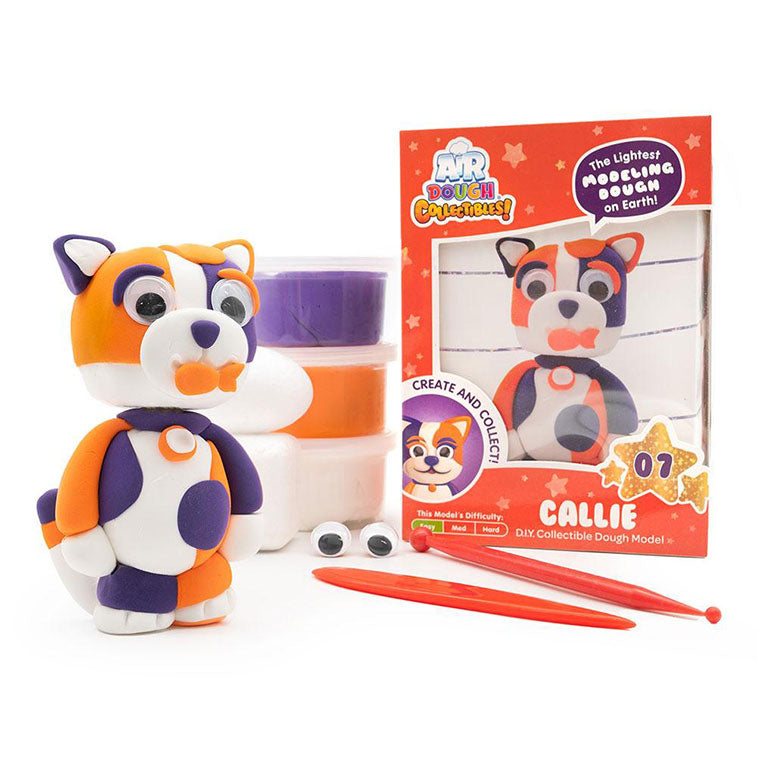 Air Dough Collectibles Character orange, white, and purple Callie the Cat made with Air Dough the lightest most amazing dough on Earth! with Tillywig Toy Award badge for Best Creative Fun