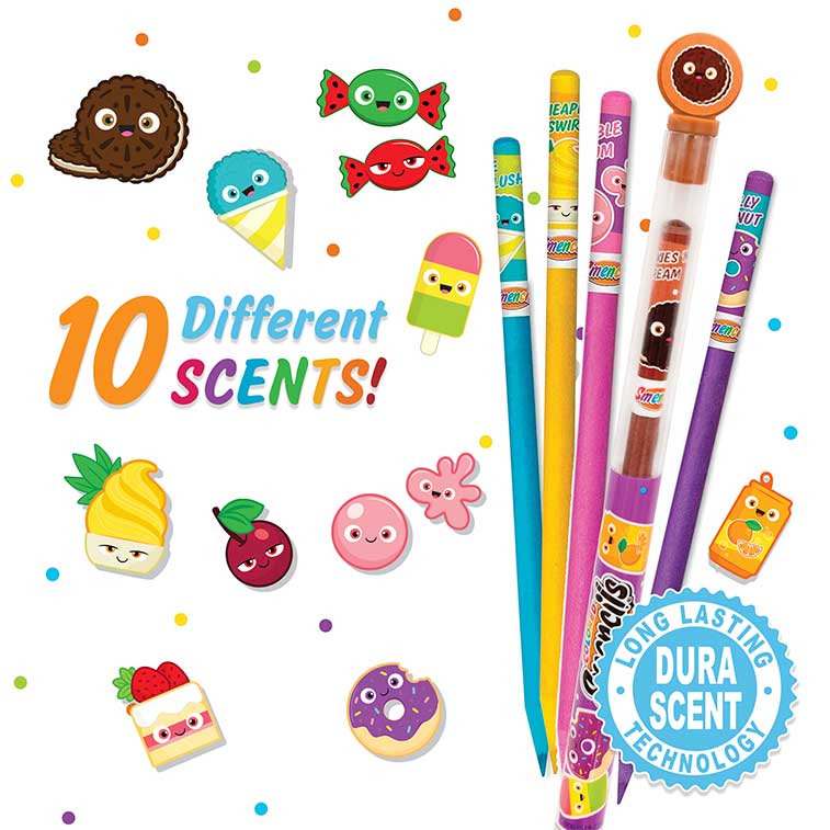 bubble gum, pineapple swirl, blue slushie, and jelly donut out of tubes and cookies n cream in tube surrounded by illustrations of the ten different scents