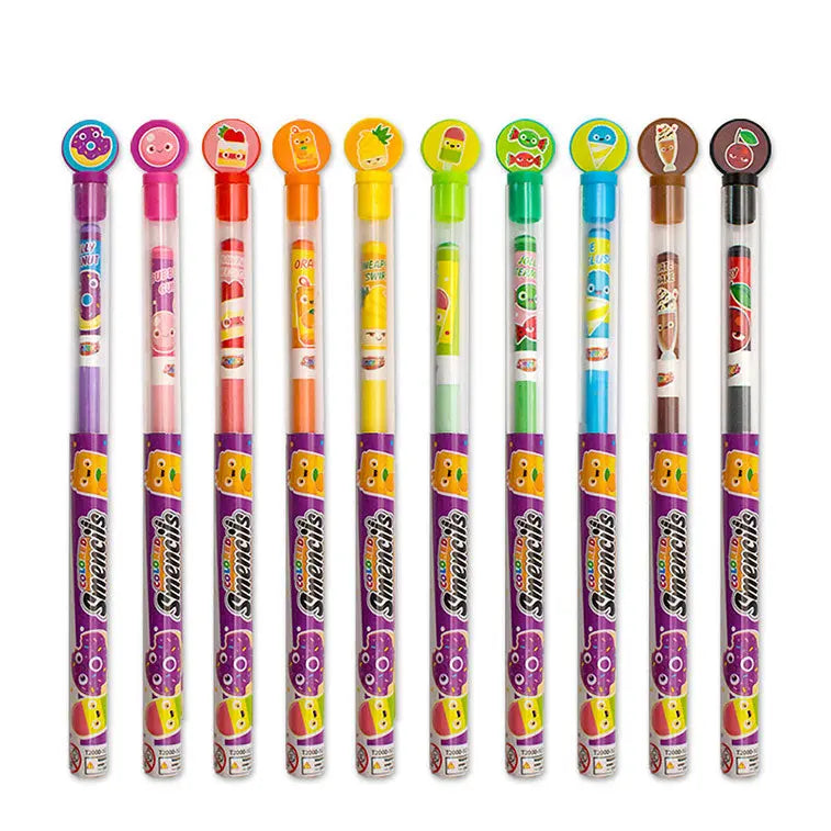 Bubble Gum, Strawberry Cheesecake, Jelly Donut, Blue Slushie, Jolly Watermelon, Rainbow Sherbet, Pineapple Swirl, Orange Soda, Cookies N' Cream, and Black Cherry scented Colored Smencils in tubes Fanned out