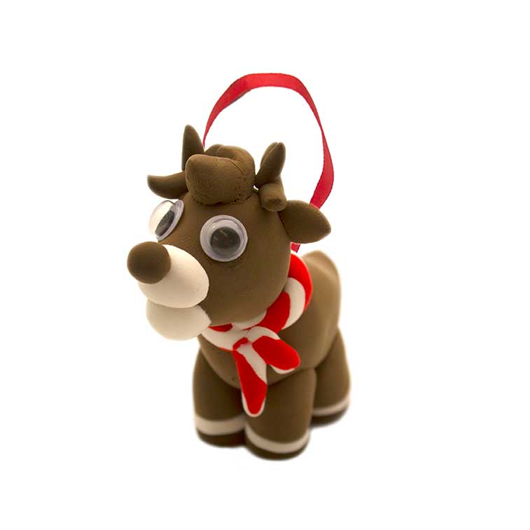 Close up of the Holiday character ornament Reindeer made from the Lightest most amazing dough on earth