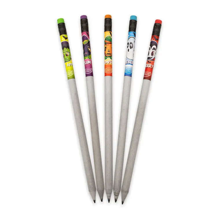 Cherry, Pumpkin, Candy Apple, Plum, and Blueberry scented Halloween Pencils out of tubes fanned out