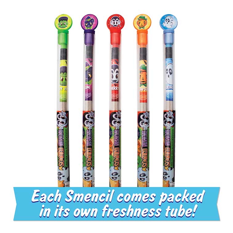 Cherry, Pumpkin, Candy Apple, Plum, and Blueberry scented Halloween Pencils in tubes fanned out