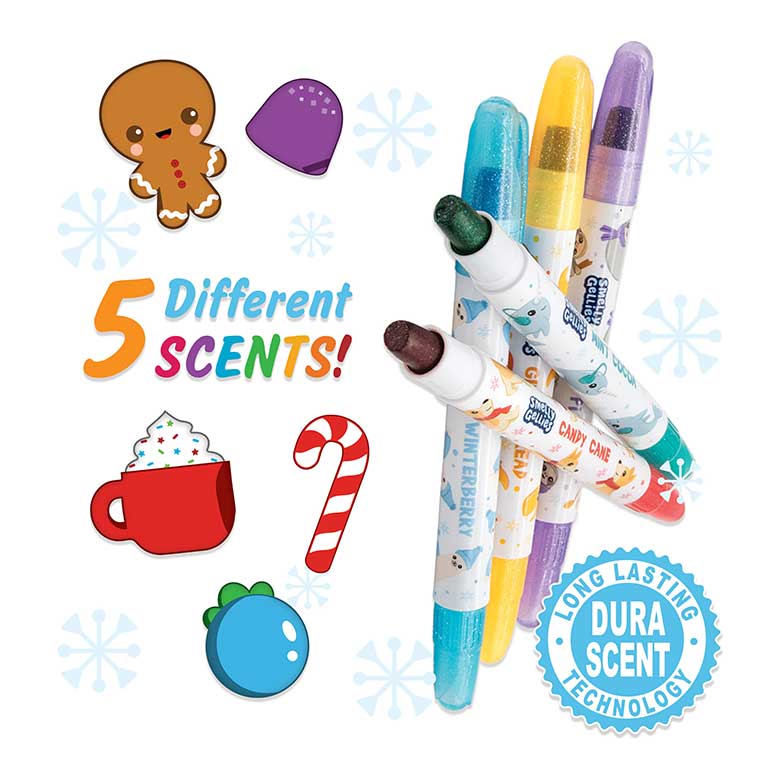 Candy Cane, Mint Cocoa, Winterberry, Sugar Plum, and Gingerbread Holiday Smelly Gellies surrounded by illustrations of the five different scents