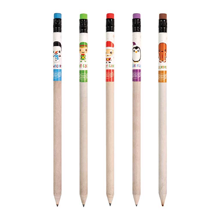 Candy Cane, Mint Cocoa, Snowberry, Sugar Plum, and Gingerbread scented Holiday Pencils out of tubes Fanned Out