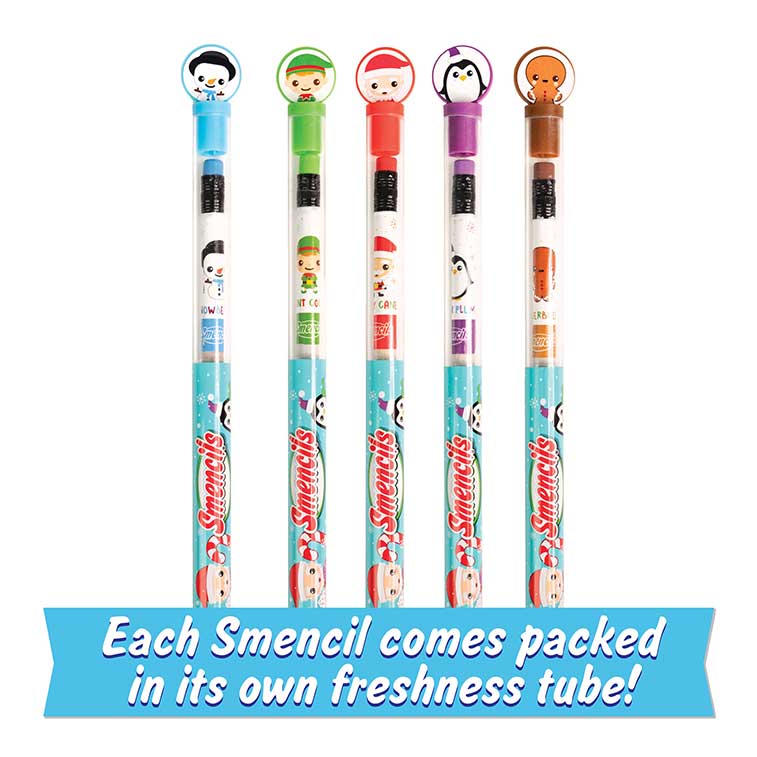 Candy Cane, Mint Cocoa, Snowberry, Sugar Plum, and Gingerbread scented Holiday Pencils in tubes Fanned Out