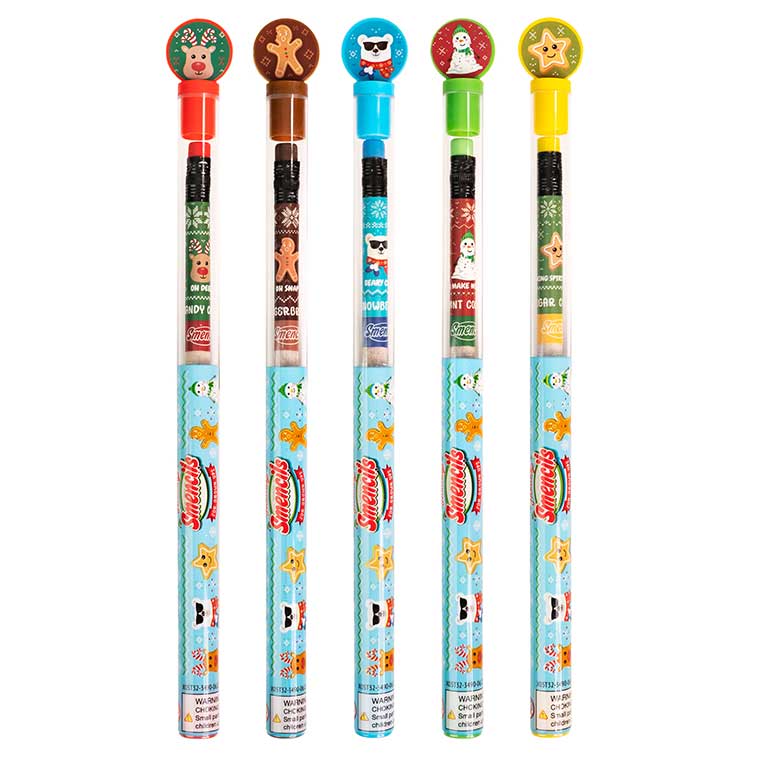 Mint Cocoa, Candy Cane, Sugar Cookie, Gingerbread, and Snowberry scented Holiday Grown Ups Pencils in tubes Fanned out