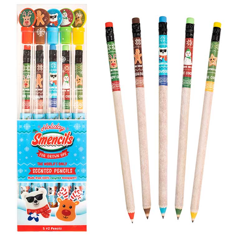 Holiday Smencils For Grown Ups 5-pack next to loose smencils