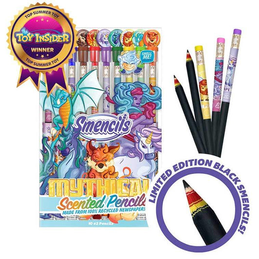 Pack of 10 Mythical Smencils, Scented Pencils with close up of limited edition black smencils, with the toy insider winner badge
