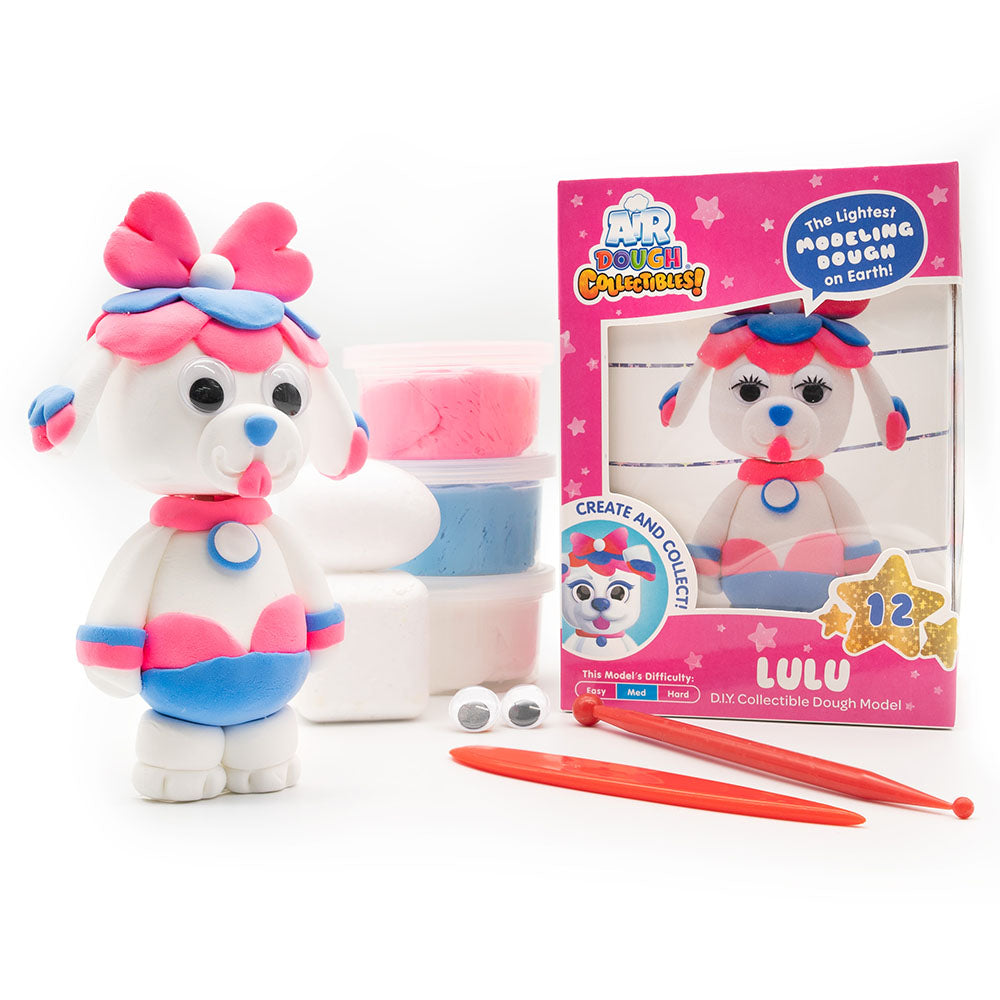 Air Dough Collectibles Character pink, blue, and white Lulu the Dog made with Air Dough the lightest most amazing dough on Earth! with Tillywig Toy Award badge for Best Creative Fun