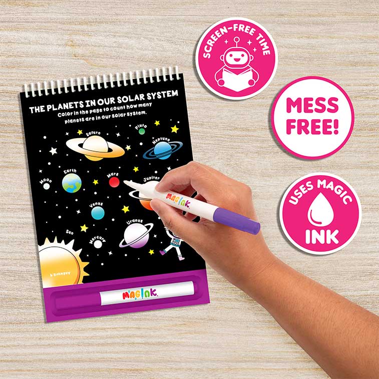 Magink Space Explorers opened and someone coloring it in with the special mess free marker