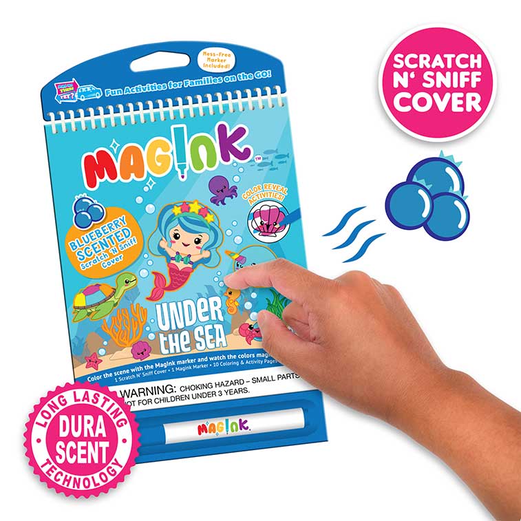 Magink Under the sea front cover with someone scratching the blueberry scented scratch and sniff sticker