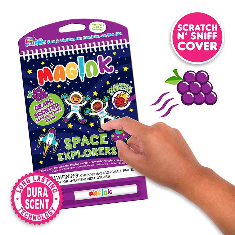Magink Space Explorers front cover with someone scratching the grape scented scratch and sniff sticker